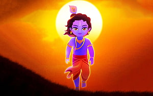 Lord Krishna Cartoon Illustration Walking at Sunset with Glowing Aura HD wallpaper