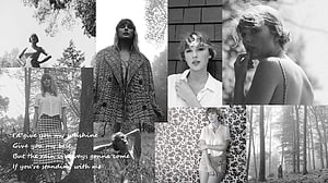 Taylor Swift Black and White Photo Collage with Lyrics and Forest Scenes HD wallpaper