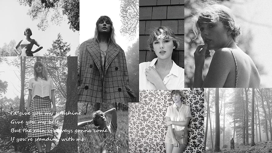 Taylor Swift Black and White Photo Collage with Lyrics and Forest Scenes HD wallpaper