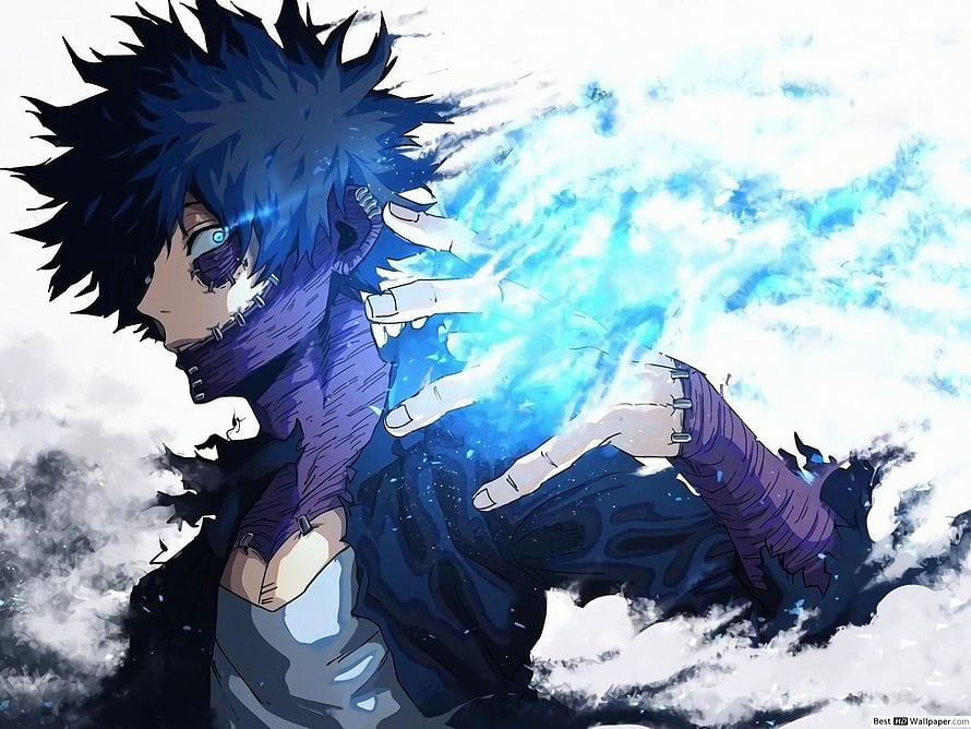 Blue-haired anime character channeling glowing ice energy with frost and smoke HD wallpaper