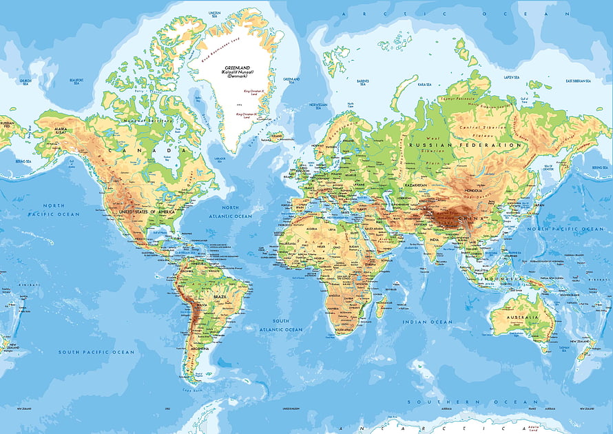 Detailed Physical World Map Showing Continents, Oceans, and Topography HD wallpaper