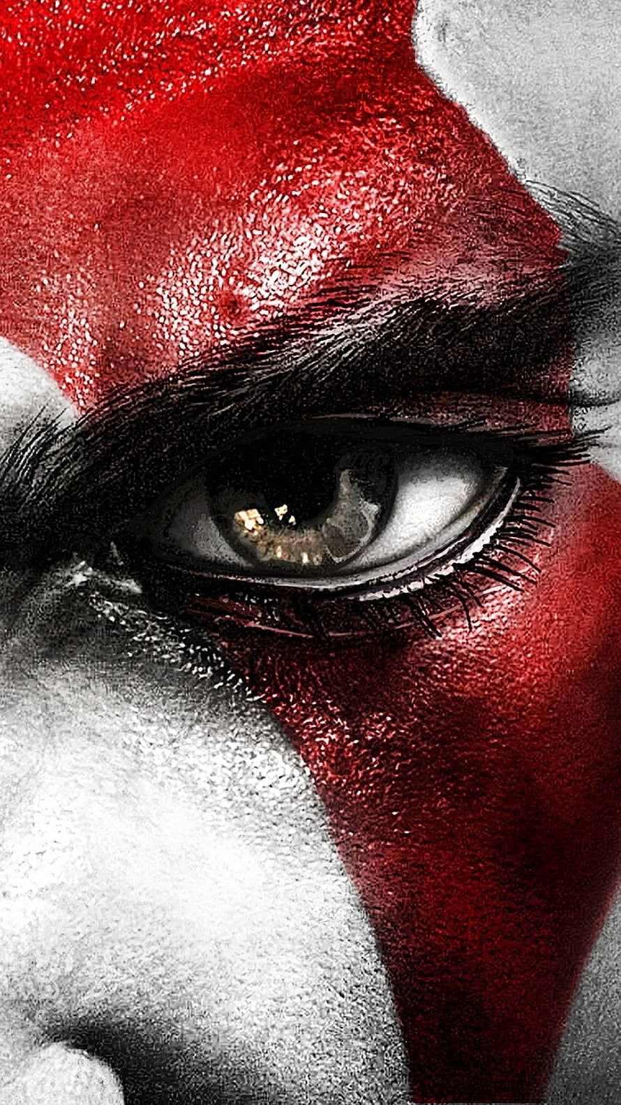 Close-Up Portrait of Human Eye with Red and White Face Paint, God of War 3, kratos android HD phone wallpaper