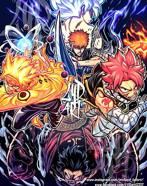 Anime Powerhouse Collage Featuring Naruto, Luffy, Ichigo, Natsu, and Goku in Epic Battle Forms HD phone wallpaper