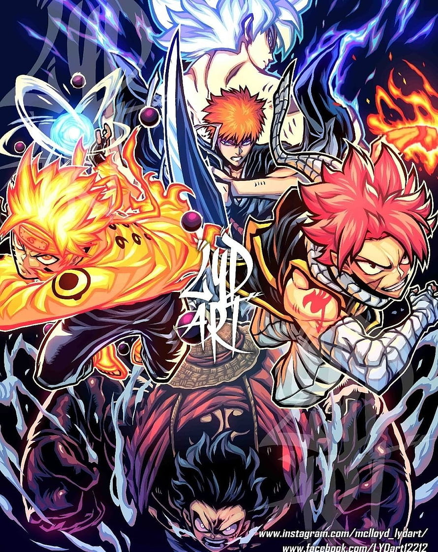 Anime Powerhouse Collage Featuring Naruto, Luffy, Ichigo, Natsu, and Goku in Epic Battle Forms HD phone wallpaper