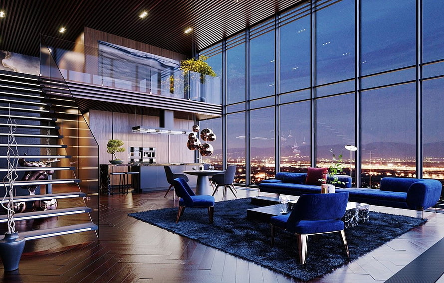 Luxury Penthouse Living Room With Floor To Ceiling Windows And City Night View HD wallpaper