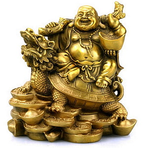 Laughing Buddha Brass Statue with Dragon and Gold Ingot Base HD phone wallpaper