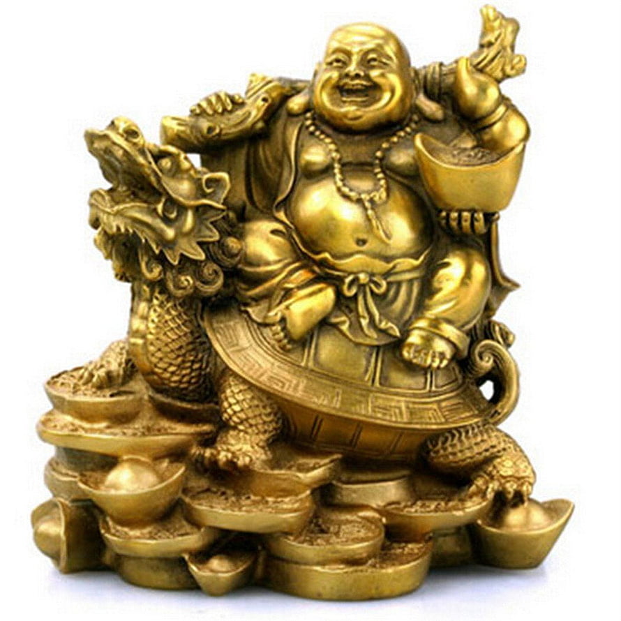 Laughing Buddha Brass Statue with Dragon and Gold Ingot Base HD phone wallpaper