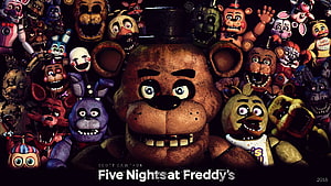 Five Nights at Freddy's animatronic characters group portrait with Freddy Fazbear HD wallpaper