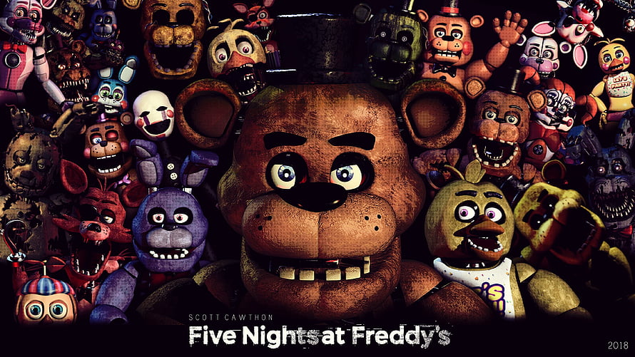 Five Nights at Freddy's animatronic characters group portrait with Freddy Fazbear HD wallpaper