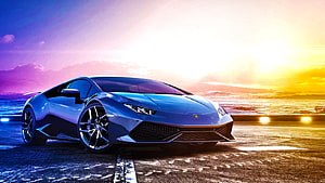 Blue Lamborghini Huracan Super Sport Parked on Coastal Road at Sunset HD wallpaper