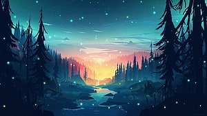 Lo-Fi Forest Sunset with Fireflies and River in Digital Illustration Style HD wallpaper