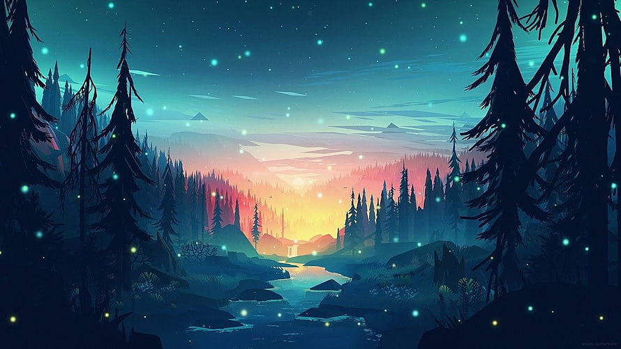 Lo-Fi Forest Sunset with Fireflies and River in Digital Illustration Style HD wallpaper