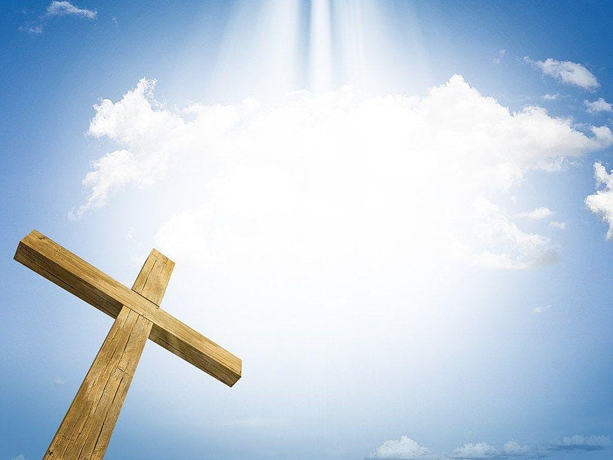 Wooden Christian Cross Against Bright Blue Sky With Divine Light Rays HD wallpaper