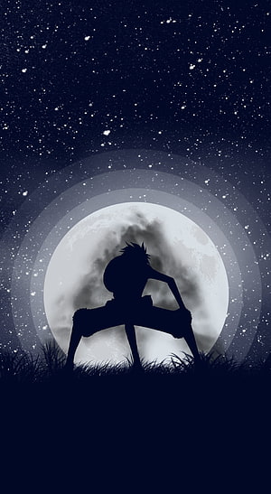 Silhouette of a young man sitting on grass in front of a giant full moon and starry night sky, Luffy 'Gear Second' by me : OnePiece, luffy gear 5 HD phone wallpaper