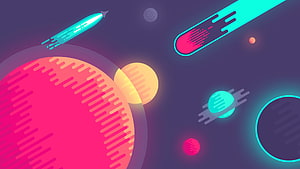 Neon Space Scene With Glowing Planets and Retro Rockets in Vibrant Colors HD wallpaper