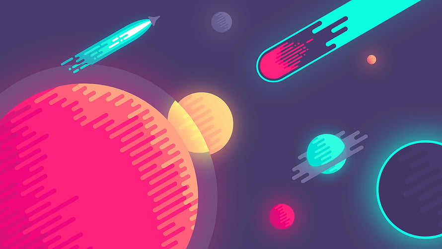 Neon Space Scene With Glowing Planets and Retro Rockets in Vibrant Colors HD wallpaper