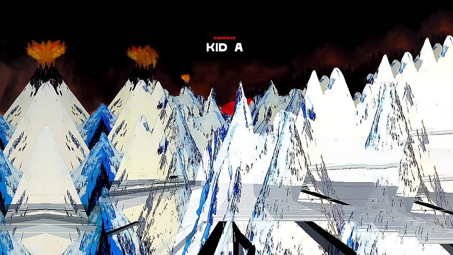 Radiohead Kid A album cover art featuring snowy mountains and erupting volcanoes HD wallpaper