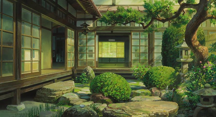 Serene Japanese Garden Courtyard With Traditional Wooden House And Stone Lanterns HD wallpaper