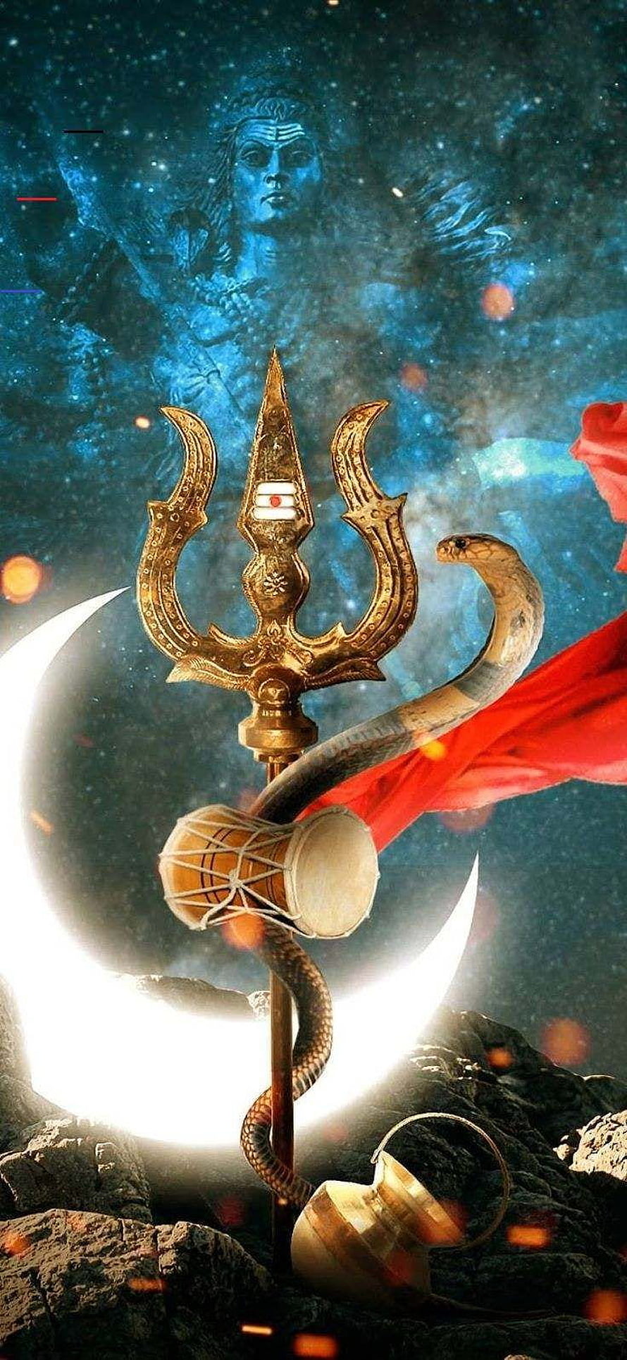 Lord Shiva Trishul and Snake with Cosmic Background and Crescent Moon HD phone wallpaper