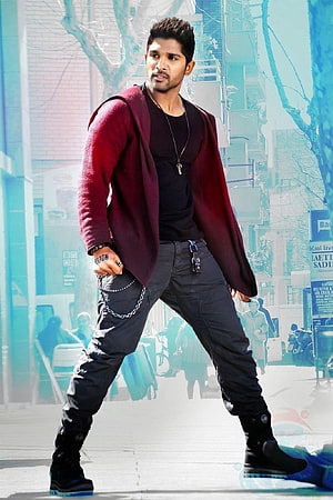 Allu Arjun in a Maroon Cardigan and Black Trousers on a City Street HD phone wallpaper