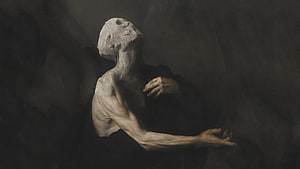 Zdzisław Beksiński Dark Surrealist Figure in Shadowy Void HD wallpaper