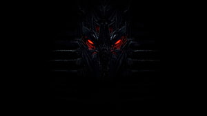 Menacing Dark Robot Face With Glowing Red Eyes in Shadow HD wallpaper