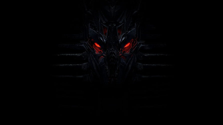 Menacing Dark Robot Face With Glowing Red Eyes in Shadow HD wallpaper
