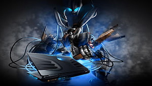 Futuristic Cyberpunk Robot Emerging From Gaming Laptop With Blue Neon Energy HD wallpaper