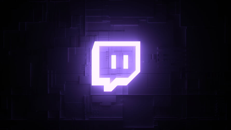 Glowing Purple Twitch Logo on Dark Geometric Circuit Background HD wallpaper