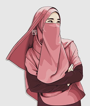 Illustration of a woman wearing a pink niqab and hijab with arms crossed, Cute Islamic Muslim Girl Cartoon : Banglafeeds, muslim girl cartoon with family HD phone wallpaper