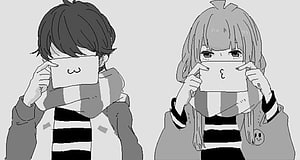 Cute Anime Couple Holding Paper Masks With Kissy Faces And Striped Scarves HD wallpaper