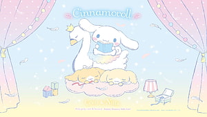 Cinnamoroll Reading a Book with Coco and Nuts in a Dreamy Pastel Bedroom Scene HD wallpaper