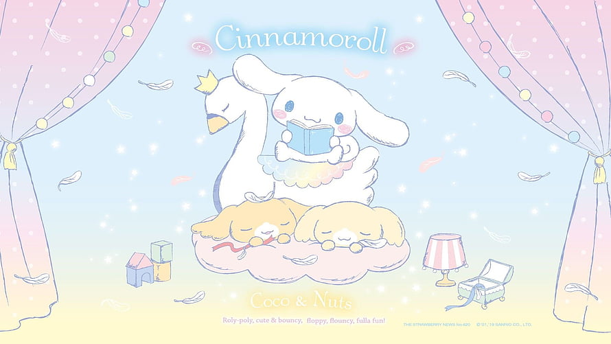 Cinnamoroll Reading a Book with Coco and Nuts in a Dreamy Pastel Bedroom Scene HD wallpaper