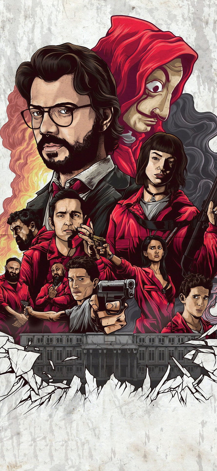 Money Heist Character Lineup Illustration with Red Suits and Guns HD phone wallpaper