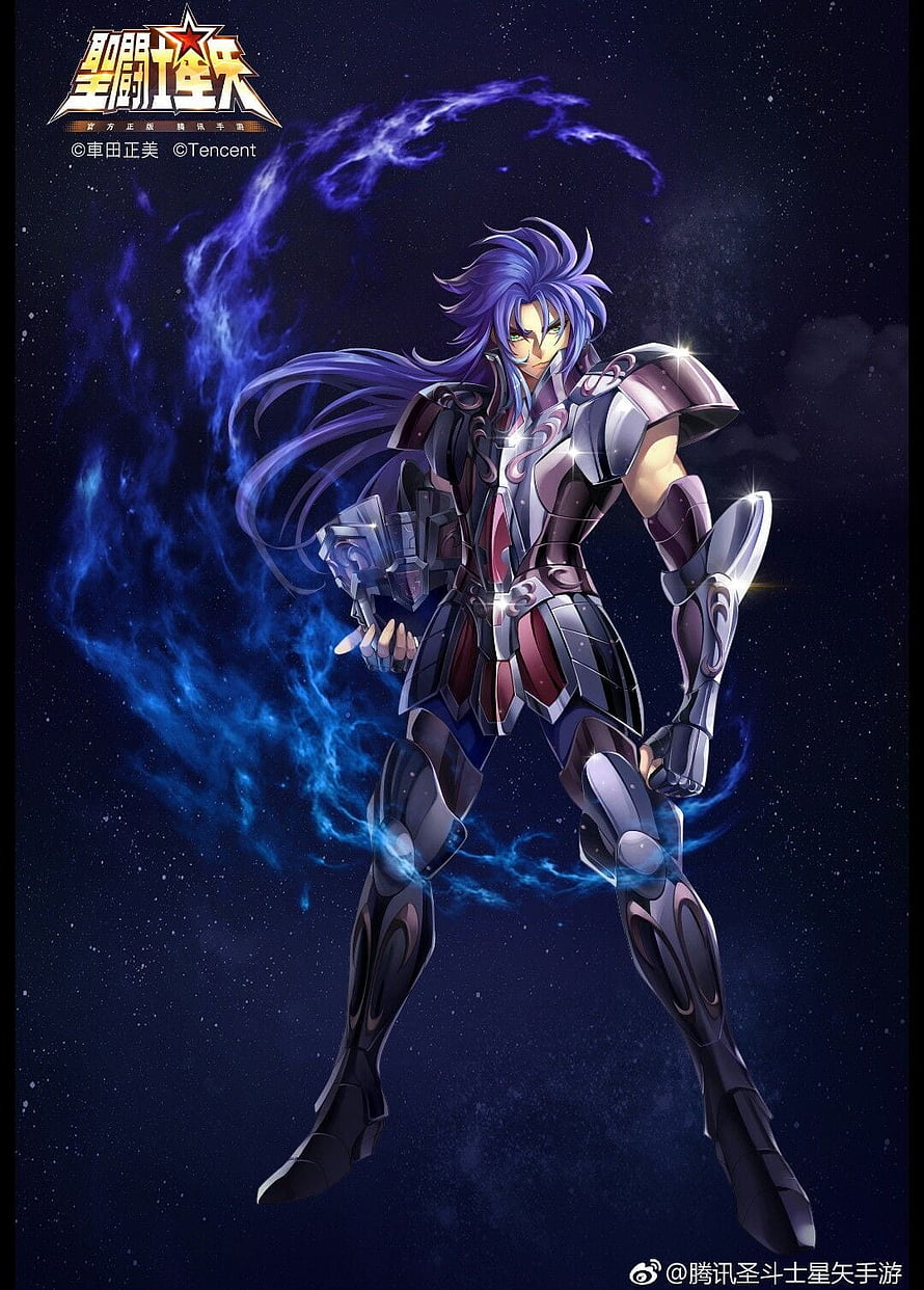 Saint Seiya Gemini Saga Character in Dark Armor with Blue Energy Aura HD phone wallpaper