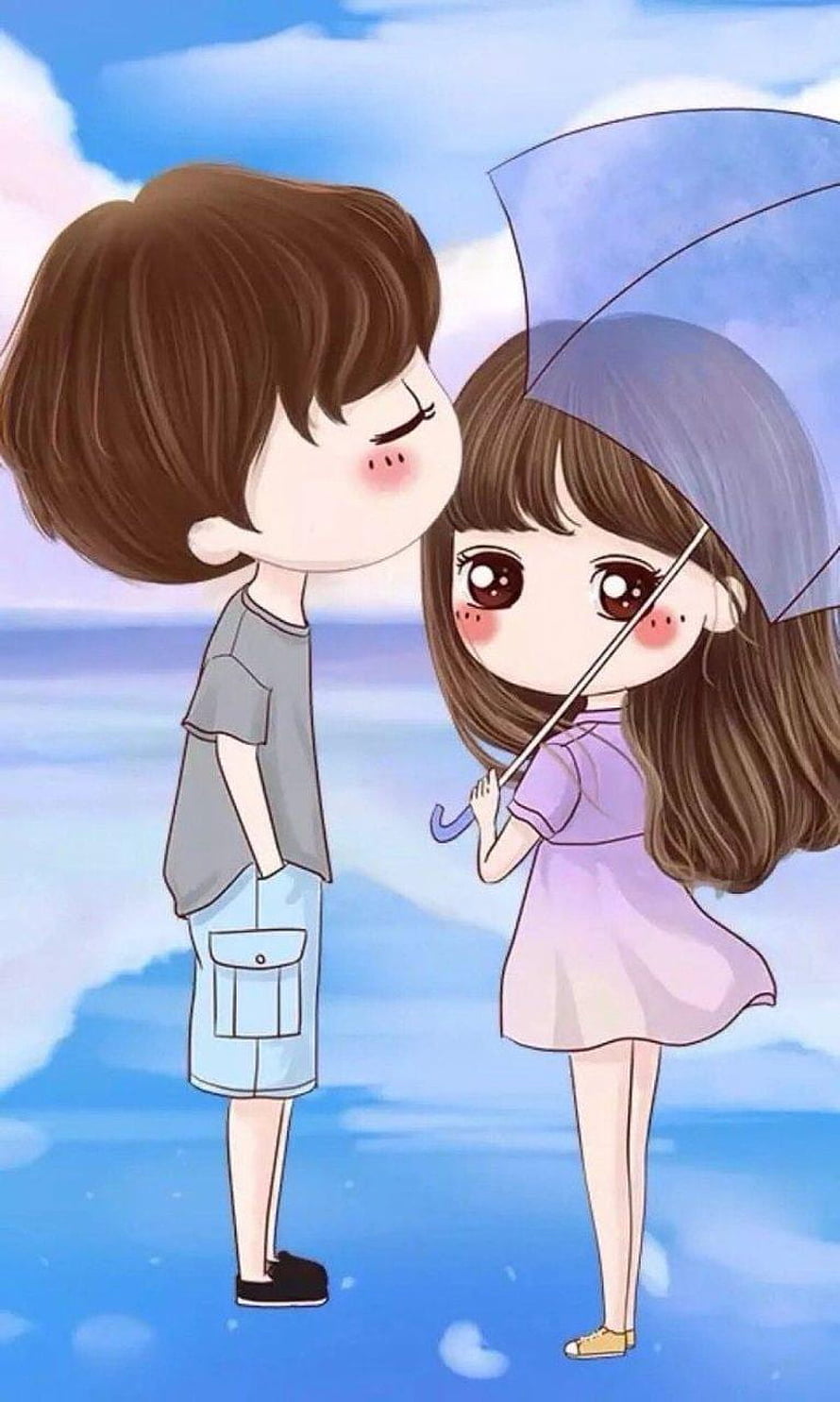 Cute Cartoon Couple Kissing Under Umbrella by the Sea HD phone wallpaper