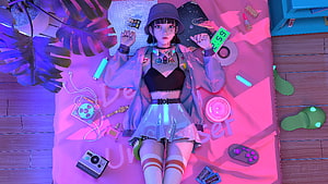 Cyberpunk Anime Girl Lying on Bed with Neon Lights and Retro Tech Accessories HD wallpaper