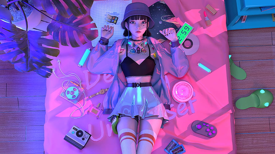 Cyberpunk Anime Girl Lying on Bed with Neon Lights and Retro Tech Accessories HD wallpaper