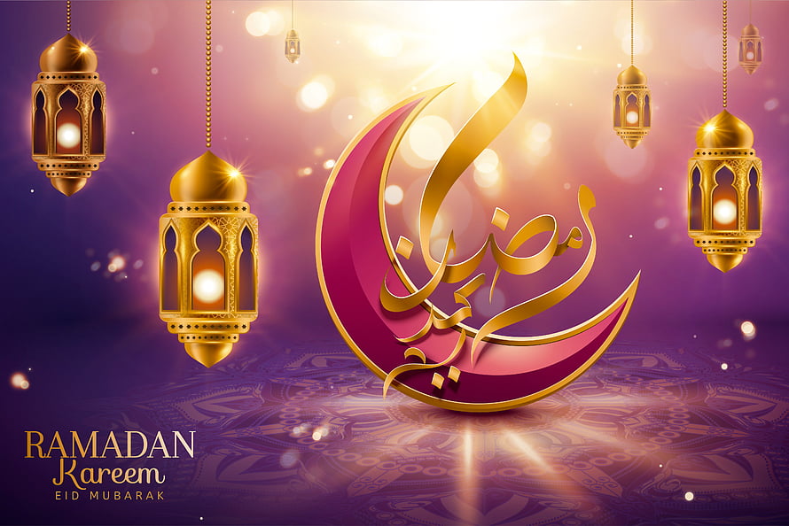 Ramadan Kareem Greeting Card with Golden Lanterns and Crescent Moon HD wallpaper
