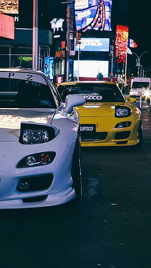 White and Yellow Mazda RX-7 FD Night Street Scene HD phone wallpaper