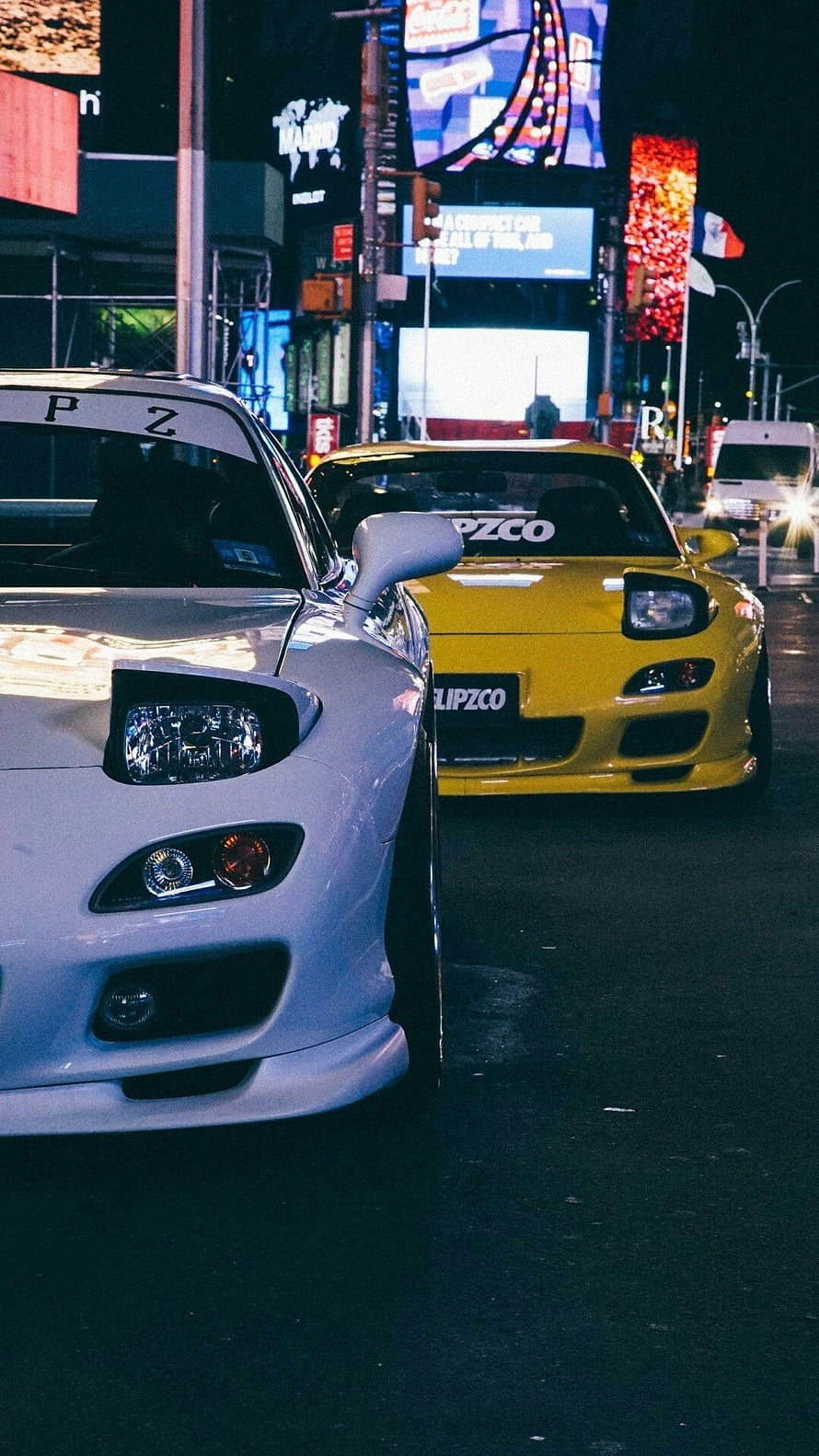 White and Yellow Mazda RX-7 FD Night Street Scene HD phone wallpaper