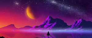 Lone Figure Gazing at Giant Orange Moon Over Purple Mountains and Starry Sky HD wallpaper