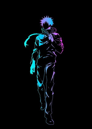 Gojo Satoru Neon Silhouette Anime Character Walking With Hoodie Up Blue And Purple Gradient HD phone wallpaper