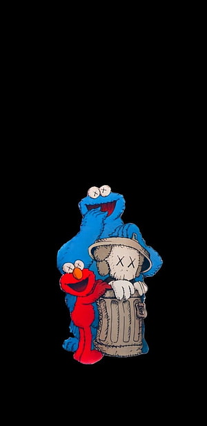 KAWS x Sesame Street Muppet Characters Trash Can Illustration on Black Background HD phone wallpaper