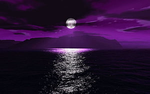 Purple Moon Over Mountainous Island With Shimmering Ocean Reflection HD wallpaper