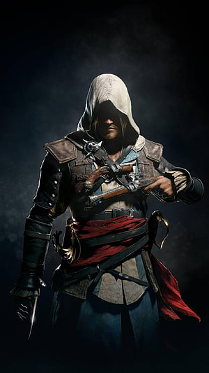 Edward Kenway from Assassin's Creed IV Black Flag in hooded leather attire holding flintlock pistols HD phone wallpaper