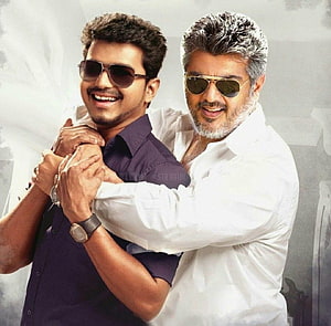 Vijay and Ajith in a dynamic action pose wearing sunglasses and stylish shirts HD wallpaper