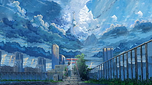 Anime Style Cityscape With Torii Gate And Diving Figure In Clouds HD wallpaper