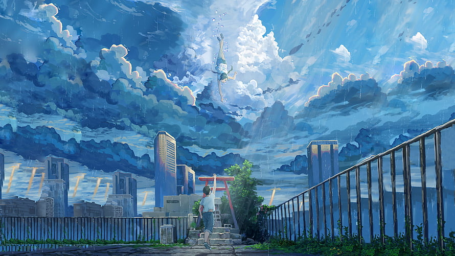 Anime Style Cityscape With Torii Gate And Diving Figure In Clouds HD wallpaper
