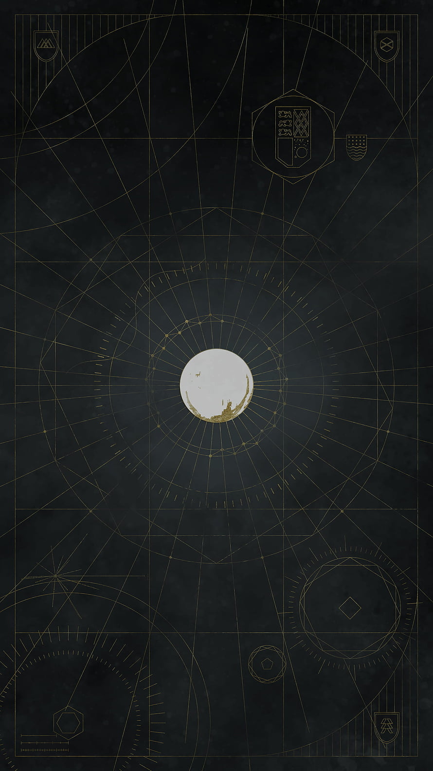 Destiny Traveler Geometric Blueprint with Celestial Sphere and Heraldic Crests HD phone wallpaper